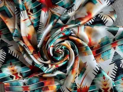 100% Silk Wild Rag Aztec Native Orange Teal and White by Double B Wild Rags