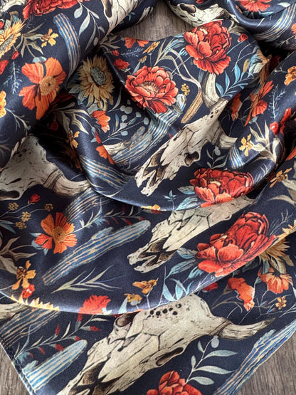 100% Silk Wild Rag Navy Blue Cow skulls and Cactus Double B Wild Rags