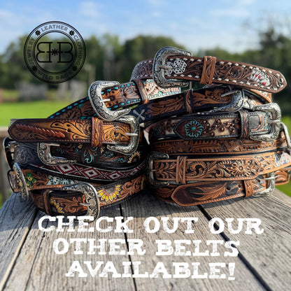 Genuine Leather Western Belt with dark tooled sunflowers and turquoise by Double B Wild Rags