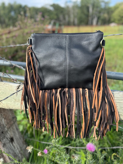 Black Genuine Western Cowhide Leather Purse with scalloped tooling brown and black fringe