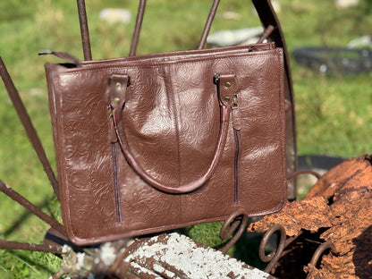 Genuine Western Leather Brown laptop messenger briefcase bag with tooled and embossed leather  by Double B Wild Rags