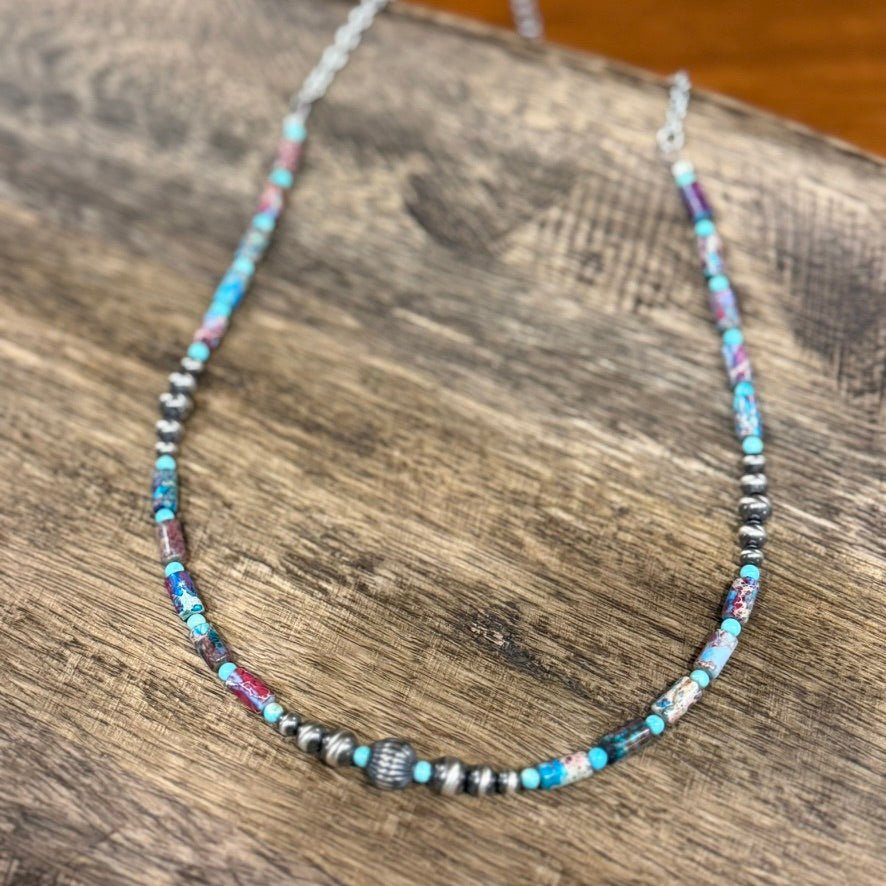 Corrugated Silver Pearl and Jasper Barrel Bead Necklace
